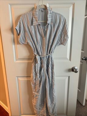 Fashion Nova Blue and White Striped Midi Shirt Dress